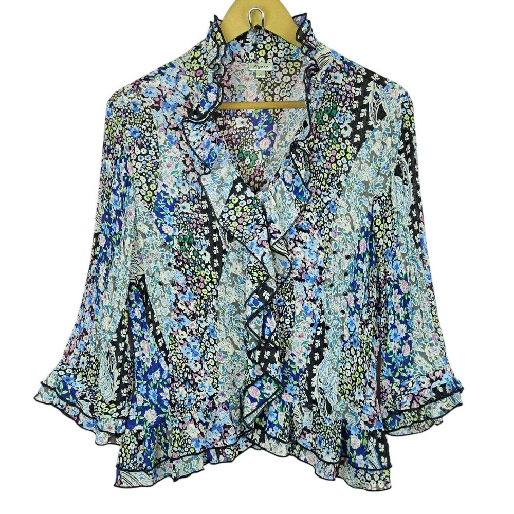 Agora Blouse Ruffle Long Sleeve Lightweight Size PL Floral Micro Print Petite
